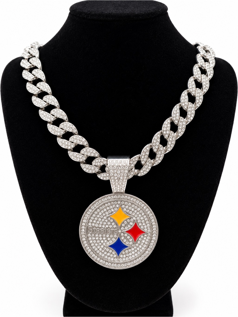 NFL Pittsburgh Steelers Iced Out Pendant Necklace with Red Blue Yellow Accents
